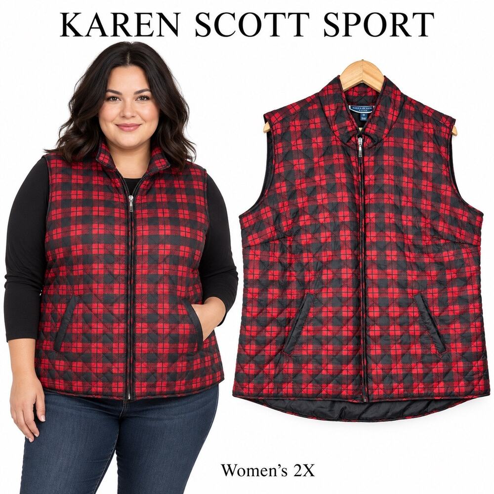 Karen Scott Sport Women’s 2X Red Black Plaid Quilted Full Zip Vest